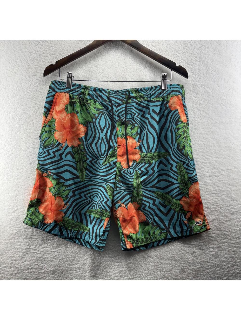 Lost Hawaiian Swim Board Shorts Mens XL Hibiscus Zebra Stripe